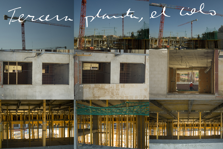 Edificación de viviendas en Las Rozas, Madrid. Collage de nueves fotos estructuradas en tres plantas: susuelo, callle, tejado.