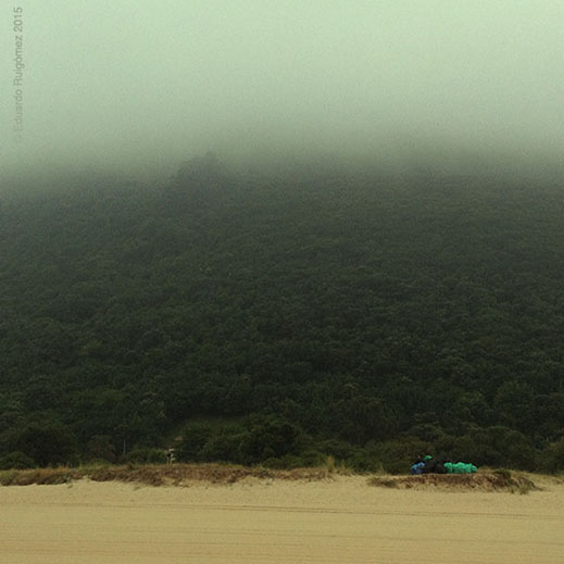 Cae niebla sobre la montaña y la playa