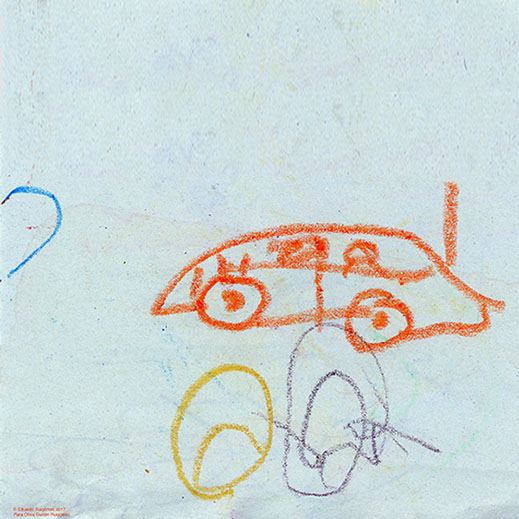 Dibujo de un coche con ceras de color azul.