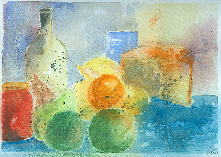 Bodegón azul, rojo, verde y amarillo.