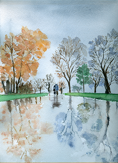 Paseo por el parque bajo la lluvia.