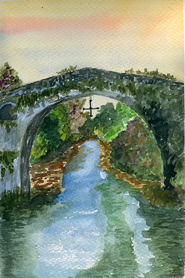 Río con puente y cruz.