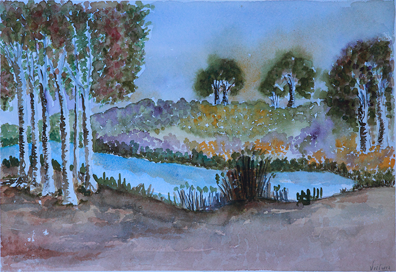 Paisaje arbolado con río.