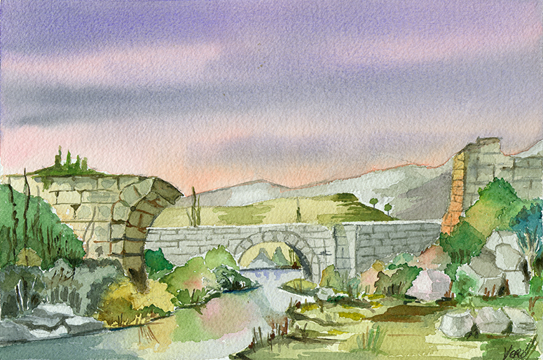 Paisaje de río con puente.