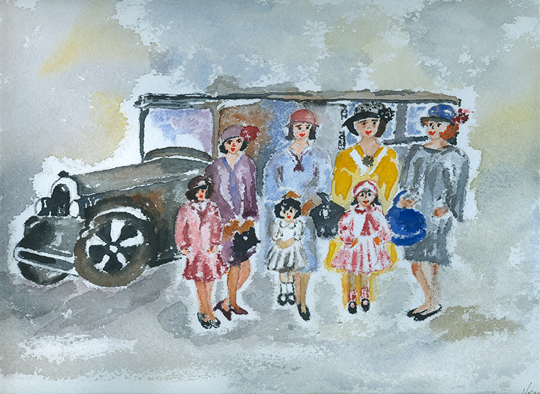 Escena de época con un grupo de mujeres y niñas junto a un coche.