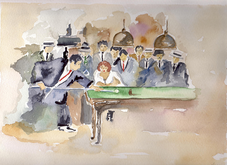 Escena de una partida de billar: un hombre juega ante la mirada al fondo de la mesa de un grupo de personas.