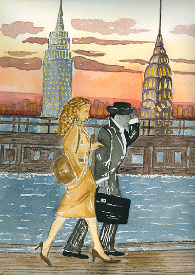 Caminantes sorteando la ciudad inundada.