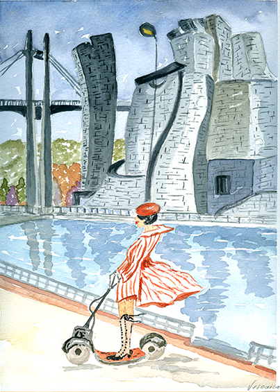 Mujer patinando frente al Guggenheim de Bilbao.