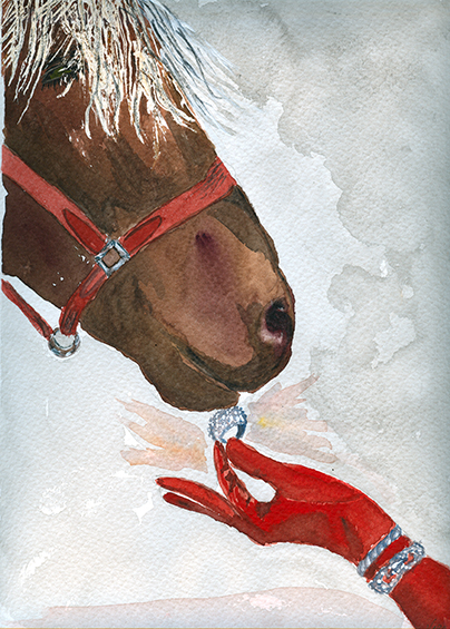 Un guante rojo con un diamantes muy cerca de la boca de un caballo.