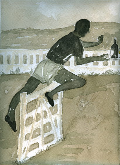 Camarero y atleta salta una valla en la pista de atletismo con una bandeja en la mano.