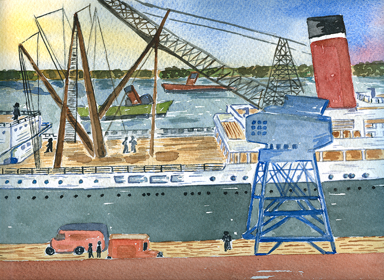 Muelle de descarga de un carguero en la ribera del Nervión.