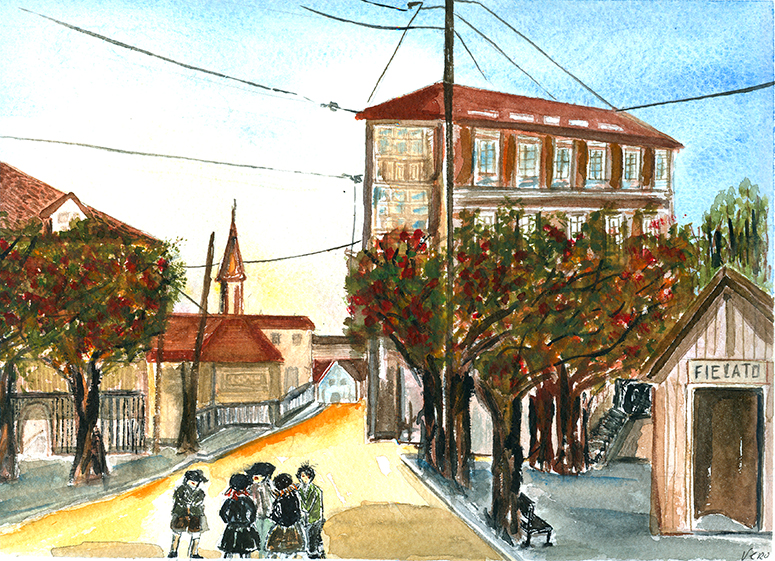 Niños en la calle frente al fielato.