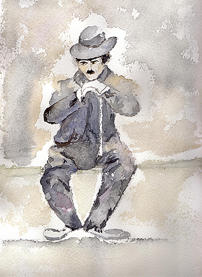 Charlot sentado con su bastón.